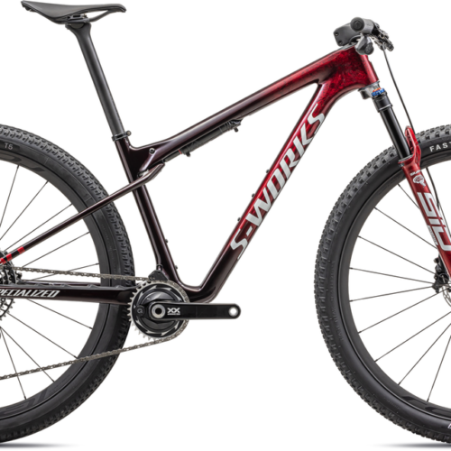 2023 Specialized S-Works Epic World Cup 29″ Carbon Mountain Bike – Medium, GLOSS RED TINT / FLAKE SILVER GRANITE / METALLIC WHITE SILVER